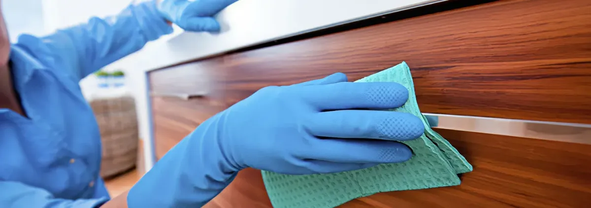 Cleaner wearing blue gloves wiping a wooden cabinet drawer with a microfiber cloth for dust and grime removal, Henderson, NV.